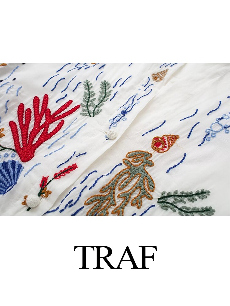 TRAF Women's Retro Shirts Cotton Embroide Long Sleeve Blouse Loose All-Match Female Blusa Casual Office Lady Blouse Female Top