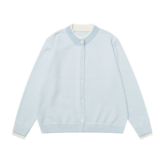Fake two striped cardigans and round neck sweaters