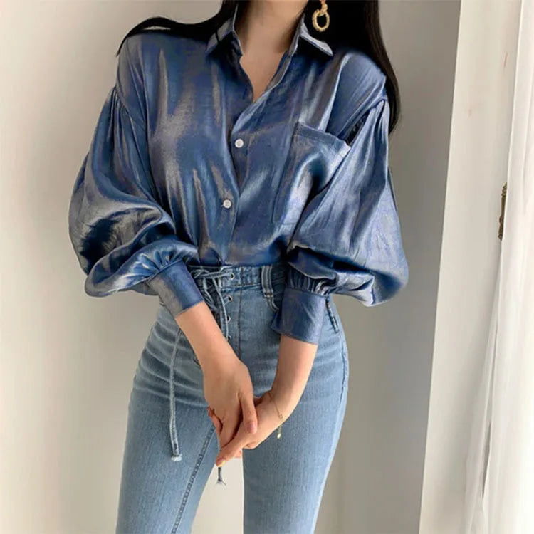 Gradient Color Shirts Womens Fashion Bright Blouse Female Elegant Lapel Button Blusa Casual Puff Sleeve Top Oversize