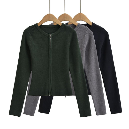 Round neck long sleeved slim fit short cardigan sweater