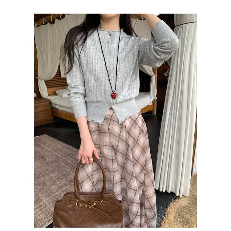 Preppy Style Hollow Out Pattern Round Neck Knit Cardigan Coat for Women
