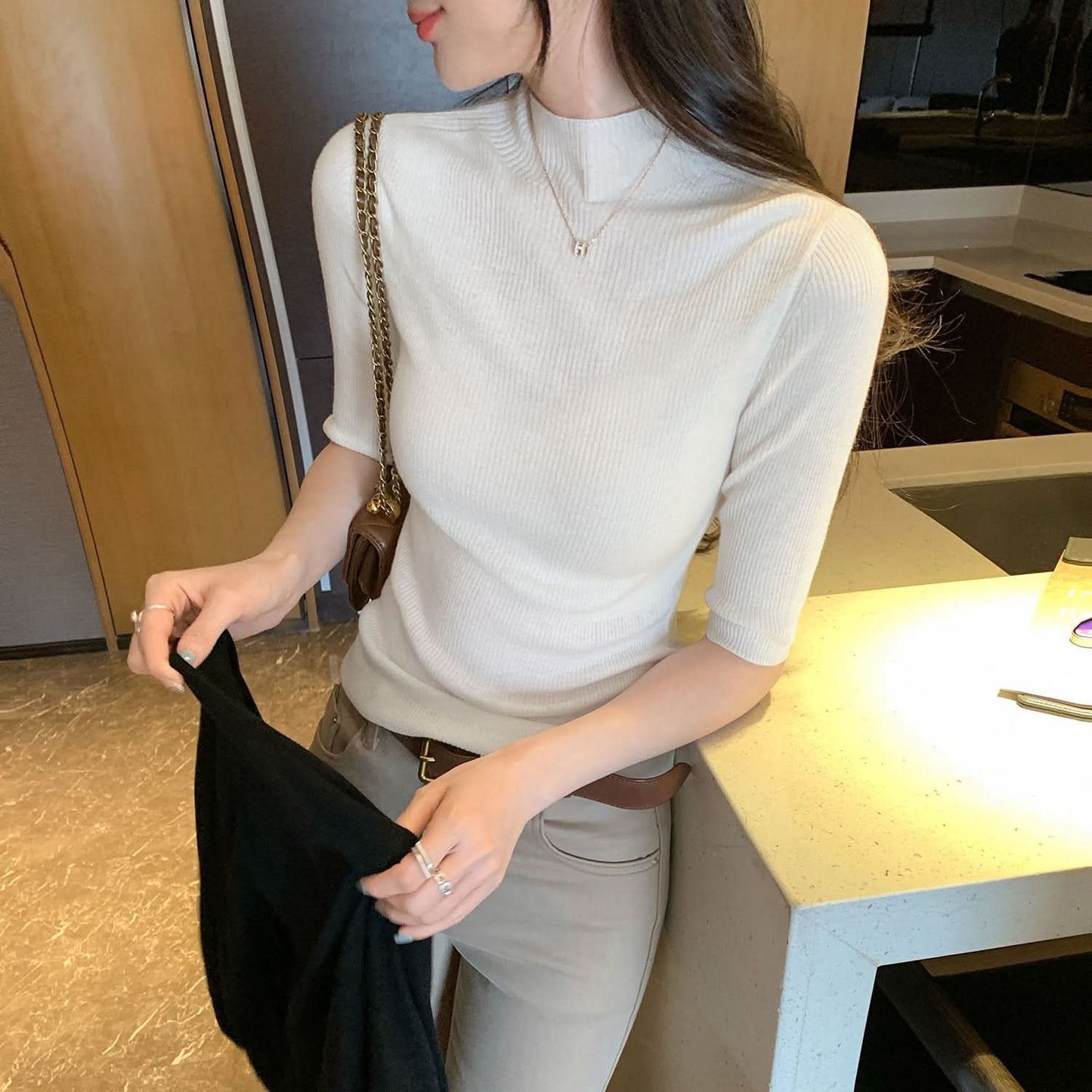 Damen Strickbody mit halbhohem Kragen und kurzen Ärmeln, Slim Fit, elegant, Woll-Top mit halblangen Ärmeln