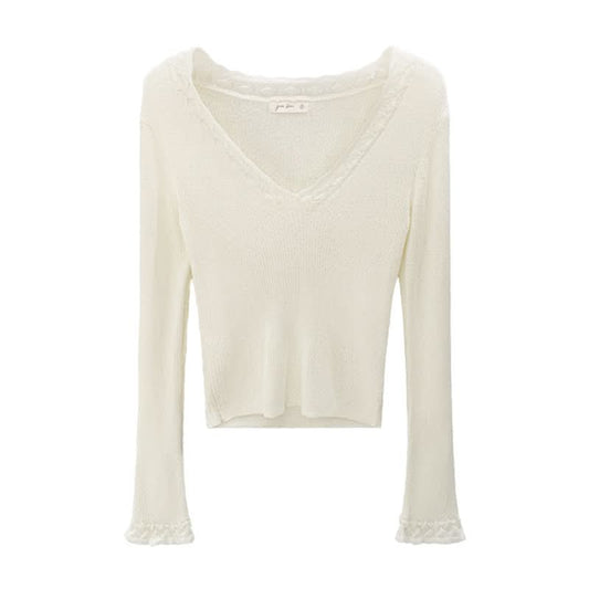 Elegant High-Intellect Purple V-Neck Knit Top for Women, Slim Fit,  Long Sleeve, Casual Wear