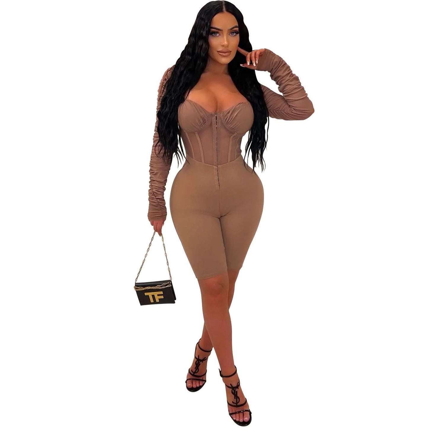Fashion Damen Einfarbiger Langarm-Kurz-Overall mit Mesh-Transparenz