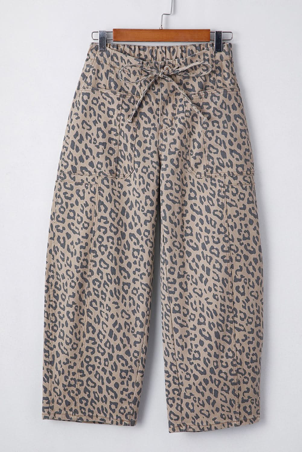 Khakifarbene Leopardenmuster Barrel-Jeans mit Kordelzug und elastischem Bund mit Taschen