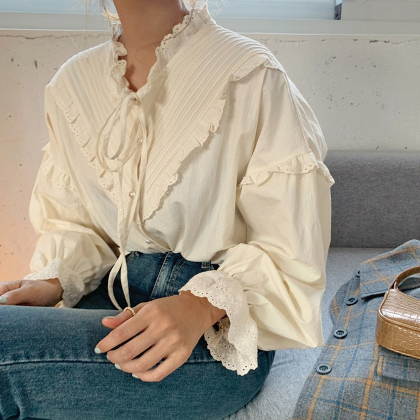 Alien Kitty  New Arrival Hollow Out Vintage Elegant Tops Women Shirt Solid Long Sleeve Korean Style Loose Blouses Blusas