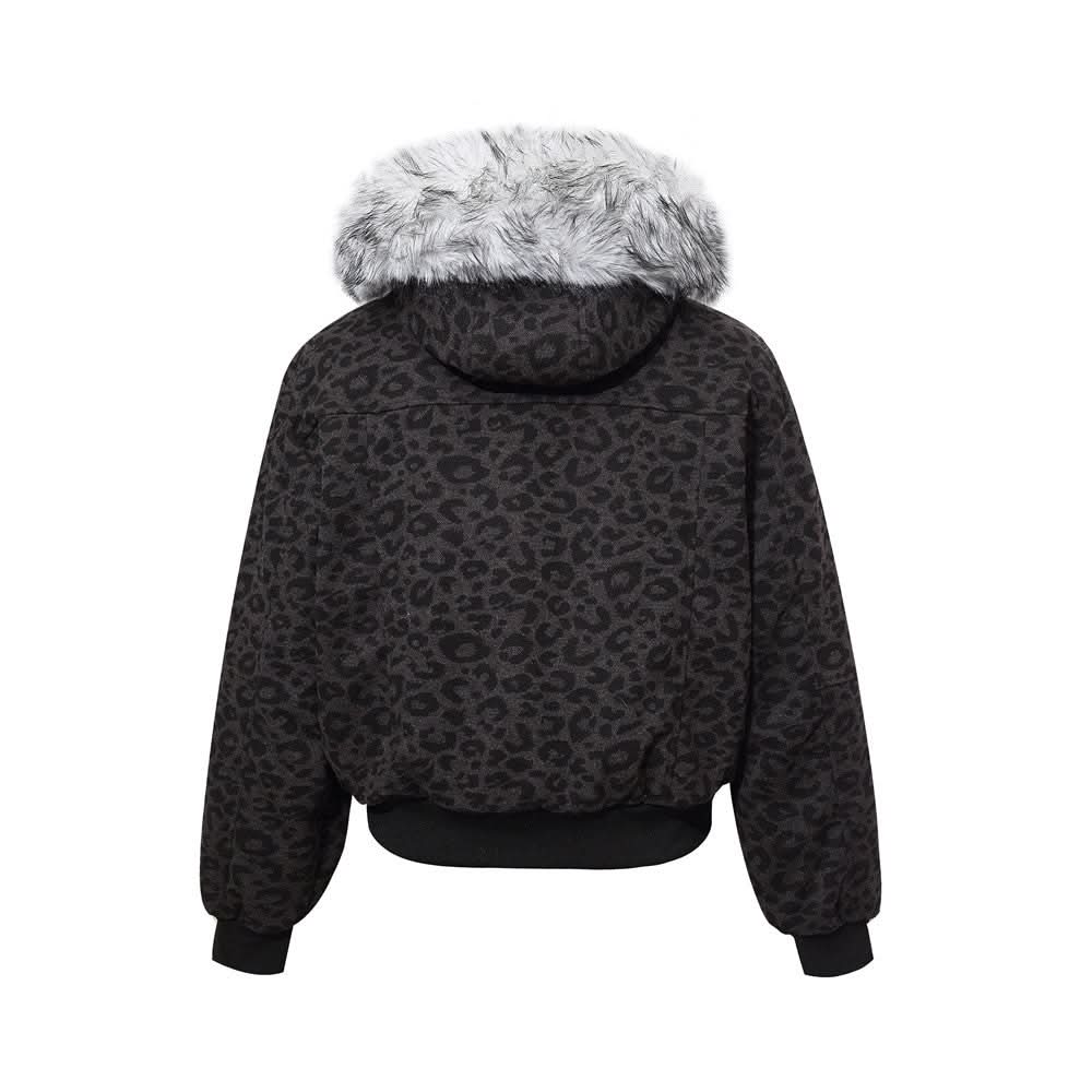 Mountain carving leopard print short hooded cotton jacket