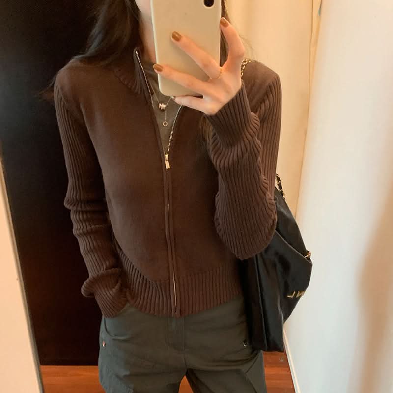 Simple High Neck Knit Cardigan Top for Women,Versatile, Slim Fit, Zipper Sweater Coat