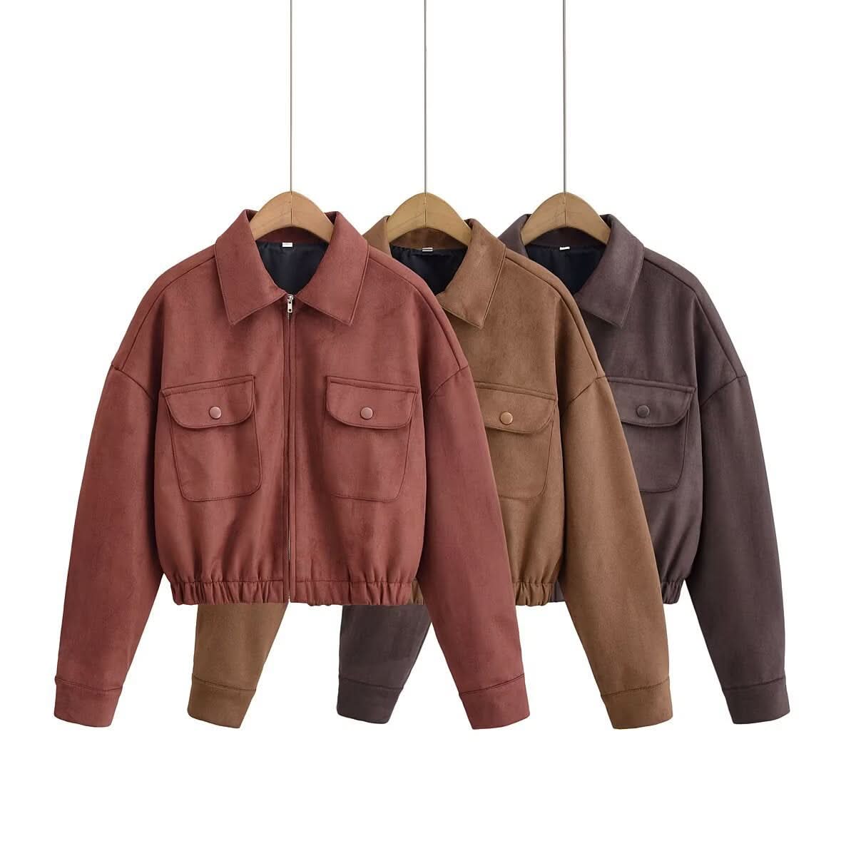 Flip collar pocket hem loose suede jacket