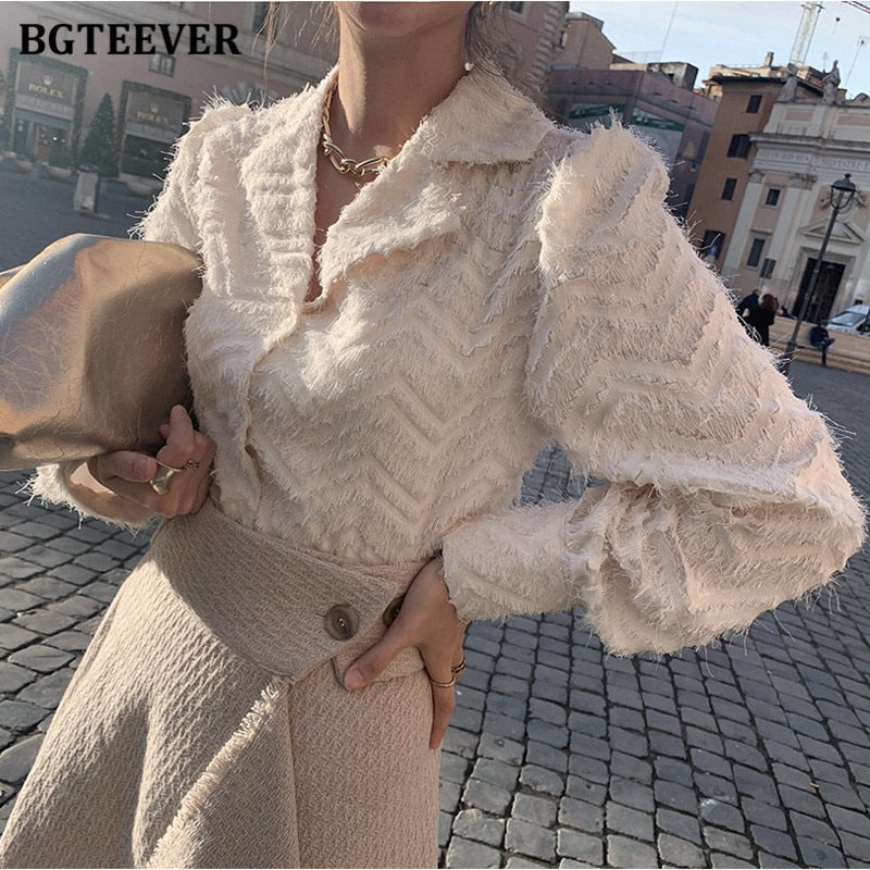 BGTEEVER Elegant Notched Collar Women Tassels Shirts Blouses  Spring New Single-breasted Female Workwear Shirts Tops Blusas