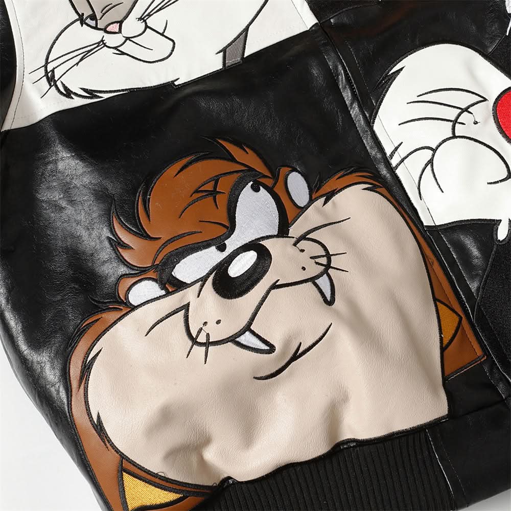 Bestickte kreative Cartoon-Lederjacke mit lockerem Kragen