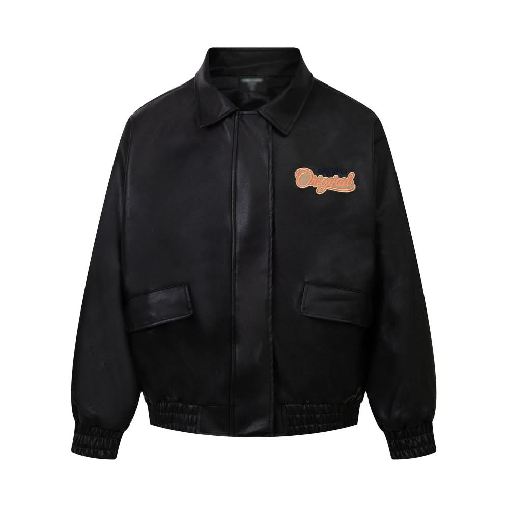 Embroidered collar leather jacket