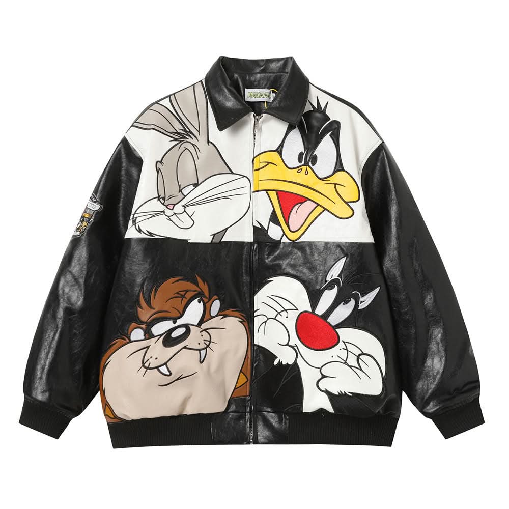 Bestickte kreative Cartoon-Lederjacke mit lockerem Kragen