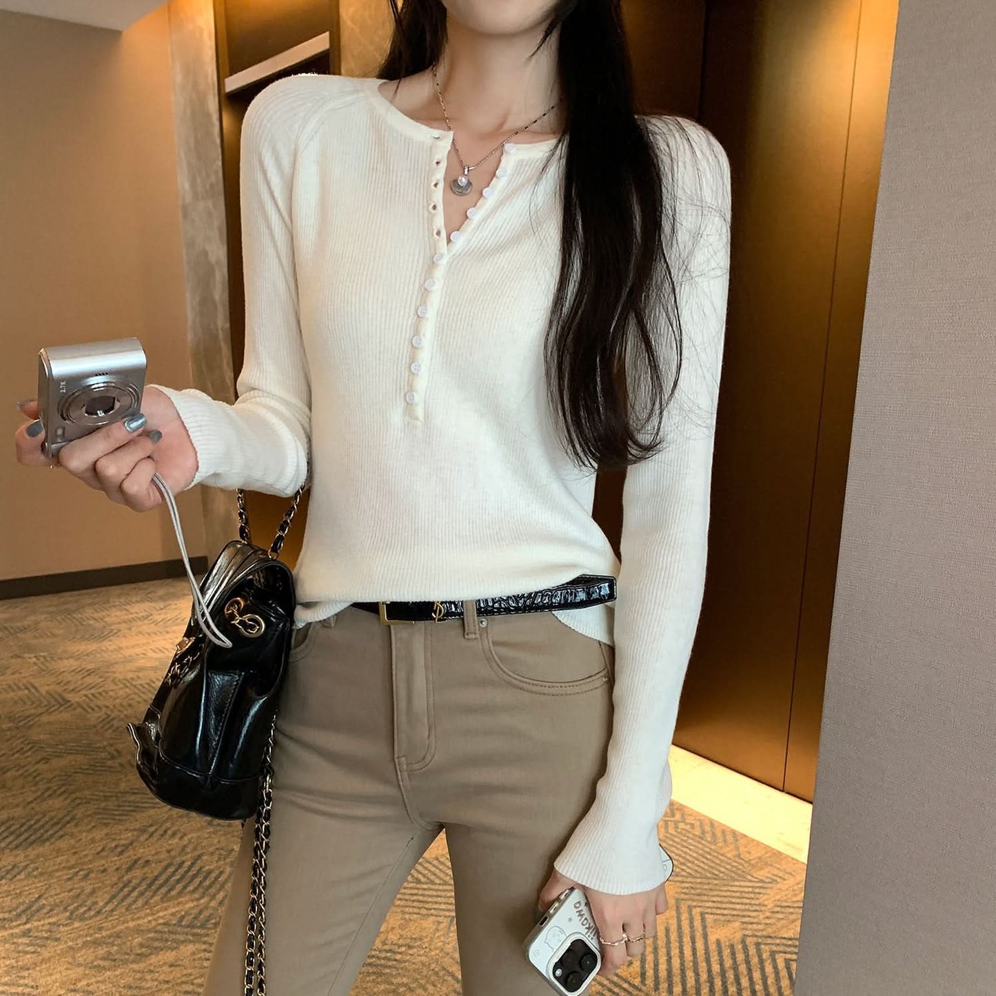 Henley-Shirt für Damen, Rosa, Strick, Slim Fit, elegantes Unterziehshirt