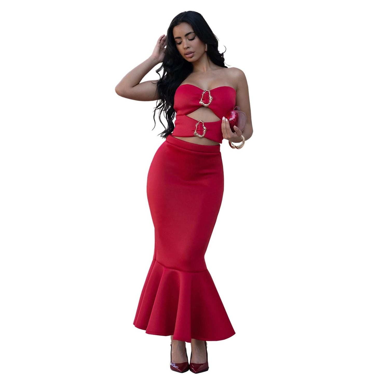 Damen Sexy Trägerloses Oberteil mit Spitzenbesatz und Bodycon Rock Set