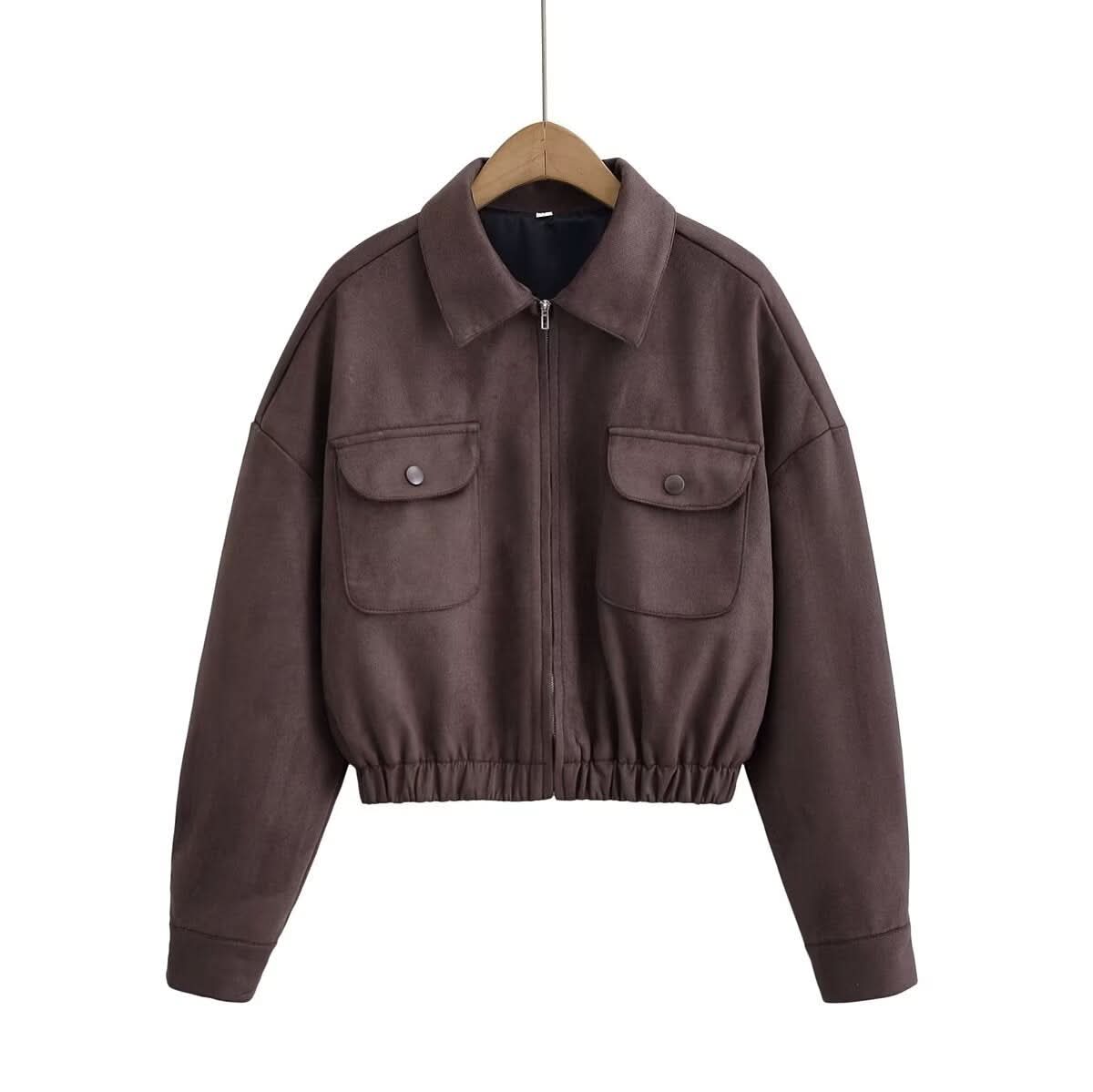 Flip collar pocket hem loose suede jacket