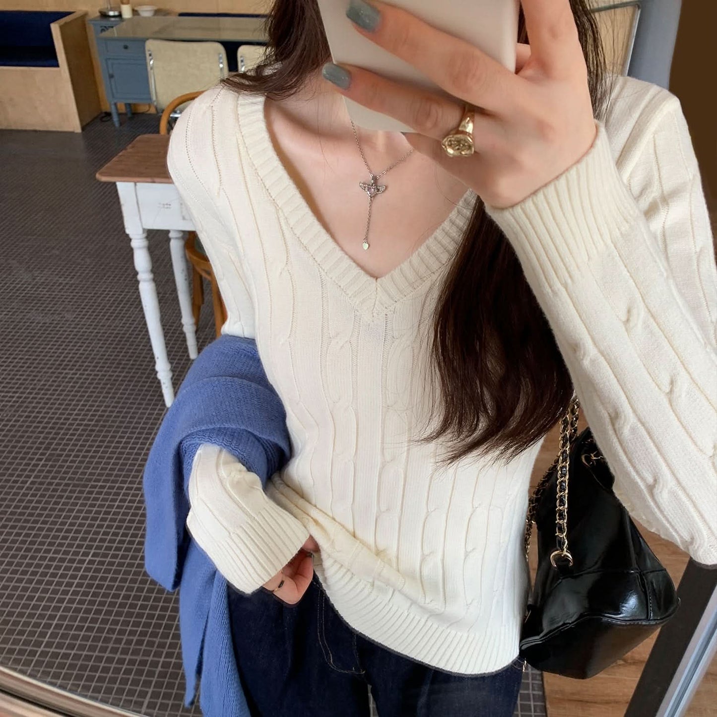 Einfarbiger Zopfmuster-V-Ausschnitt Langarm-Pullover für Damen