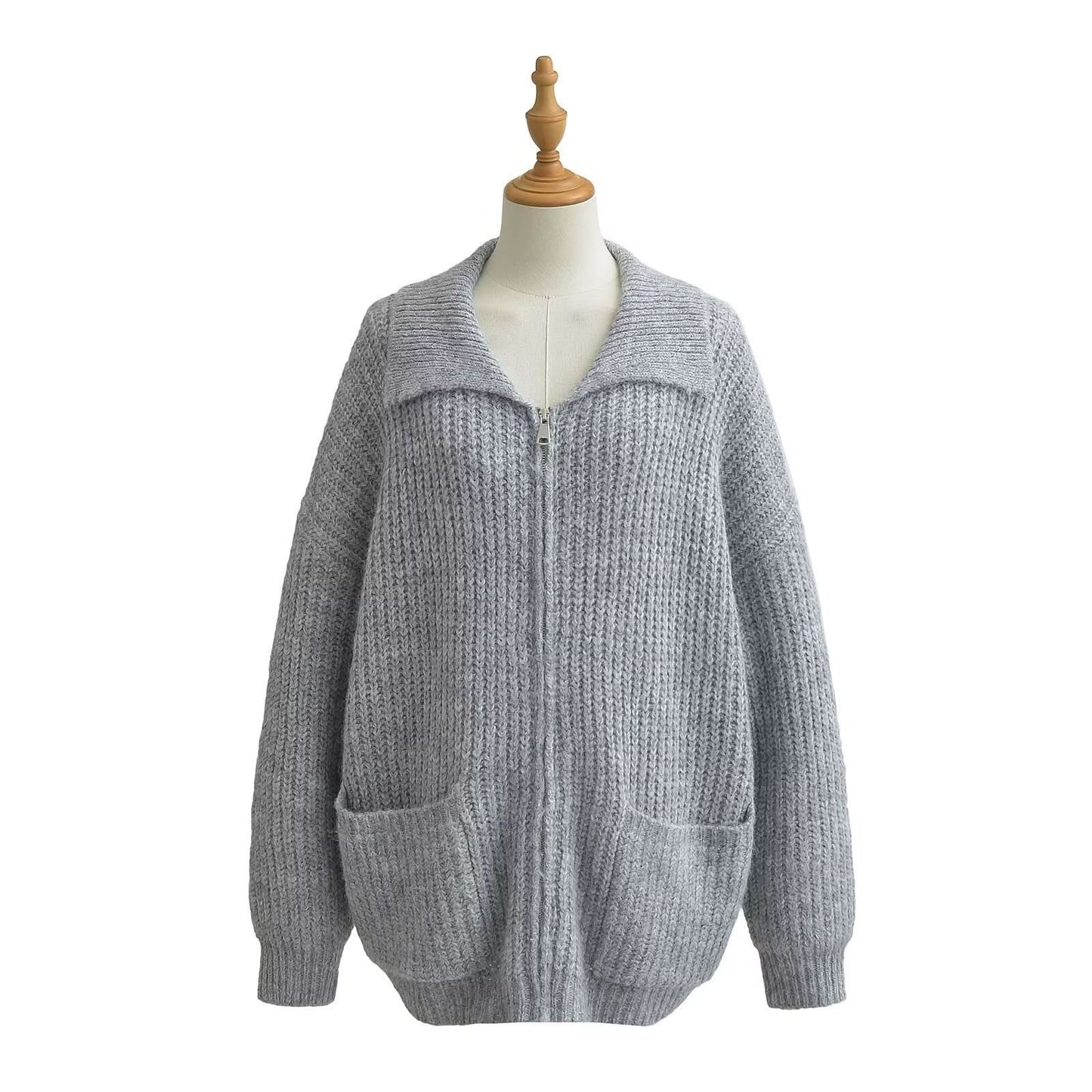 Strickpullover mit Reißverschluss und lockerem Kragen