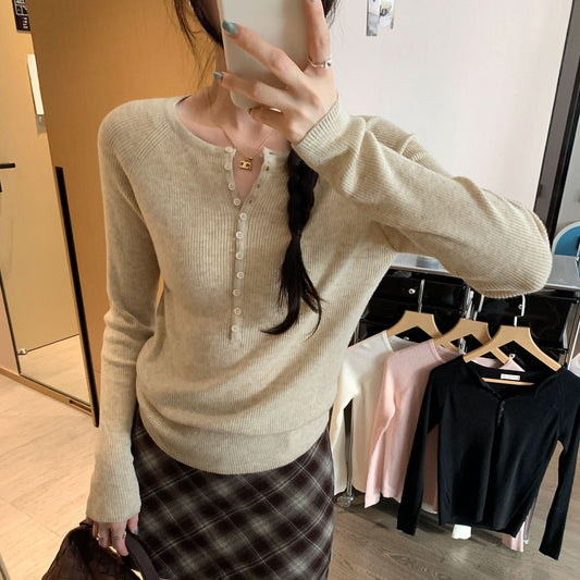 Henley Neck Pink Knit Top for Women,Slim Fit, Elegant Innerwear Shirt