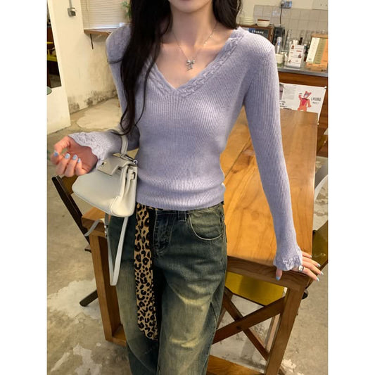 Elegant High-Intellect Purple V-Neck Knit Top for Women, Slim Fit, Long Sleeve, Casual Wear