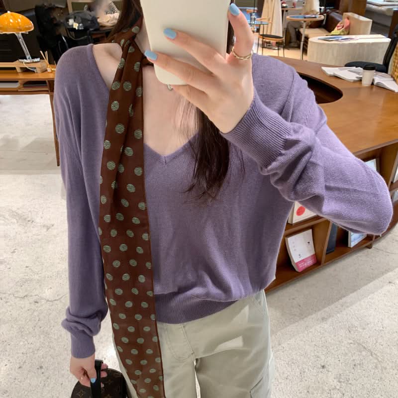 Lockerer, lässiger grauer V-Ausschnitt-Strickpullover mit langen Ärmeln für Damen, leichte, elegante, figurbetonte Oberbekleidung
