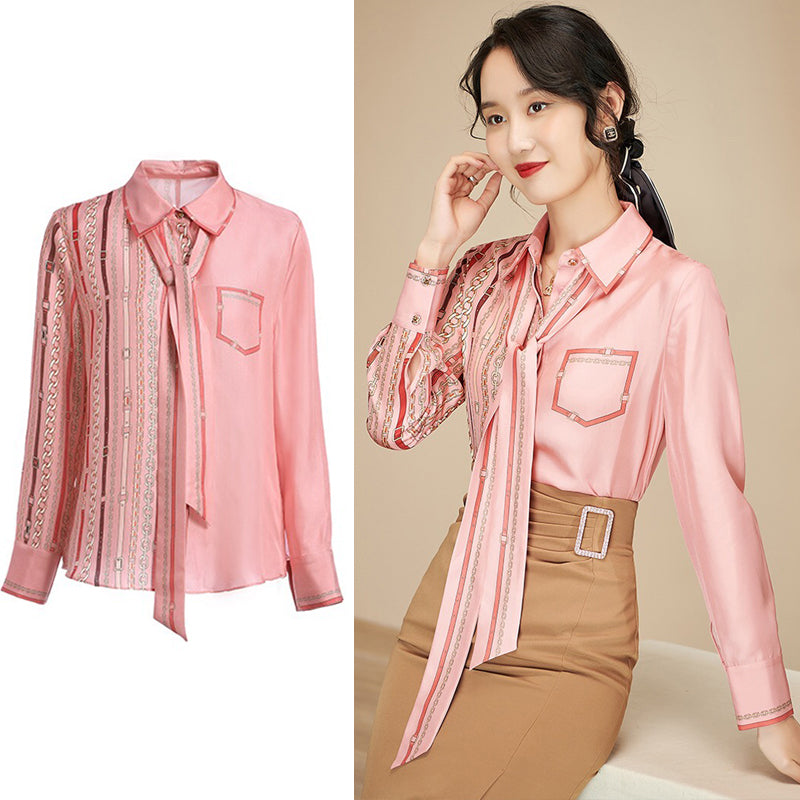 Puff Sleeve Pink Elegant Blouse Women Shirts Bow Chiffon Shirt Autumn Slim Office Blusas Loose Size 3XL
