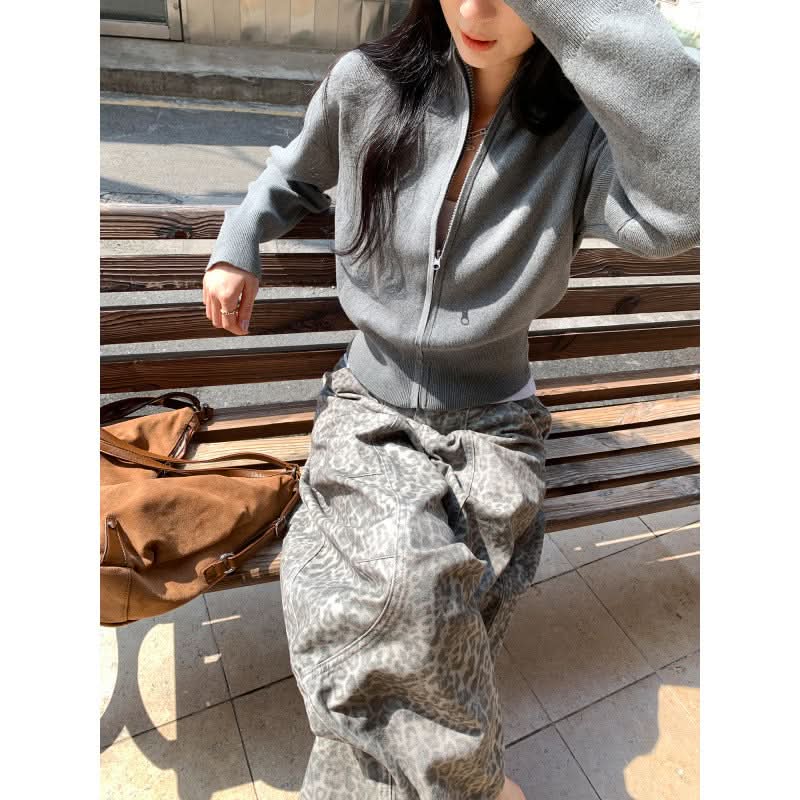 Chic Zippered Knit Cardigan Coat for Women, Long Sleeve, Stand Collar, Short Length