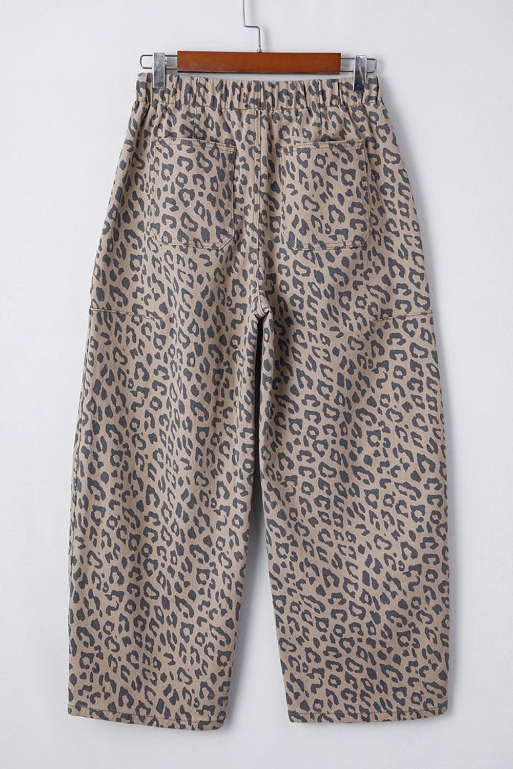 Khakifarbene Leopardenmuster Barrel-Jeans mit Kordelzug und elastischem Bund mit Taschen