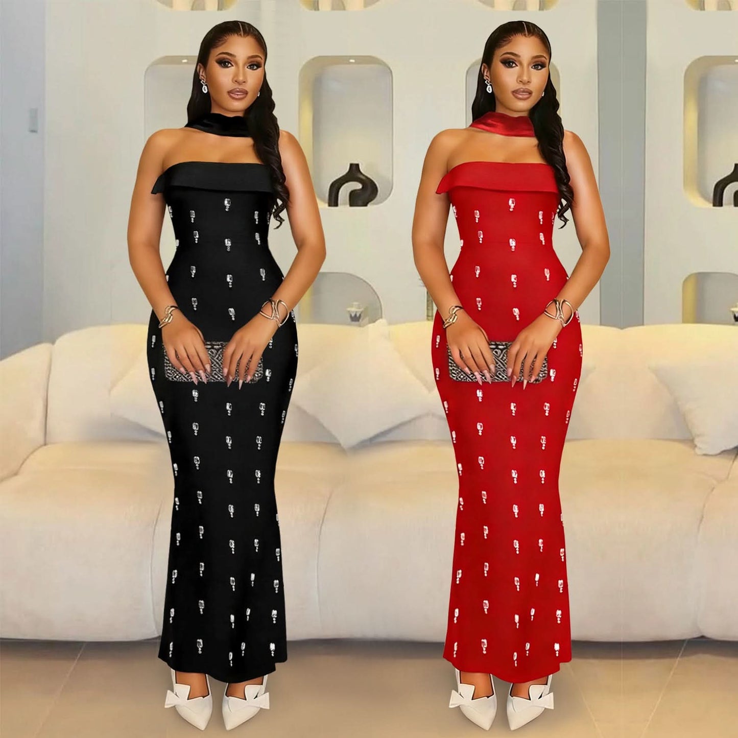 Elegantes trägerloses verziertes Bandkleid-Set für Damen, modisches zweiteiliges Outfit