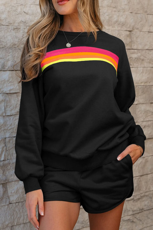 Black Striped Accent Pullover and Shorts Two Piece Casual Set