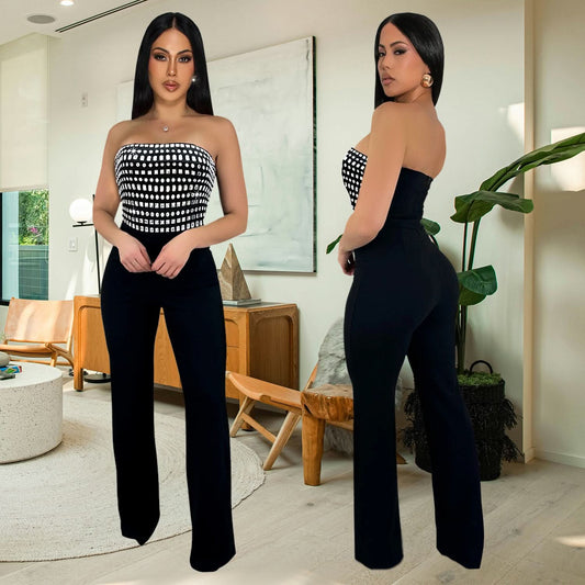 Style Summer Rhinestone Bodysuit, Sexy Strapless, Unique Straight Fit Solid Color Long Pants for Women