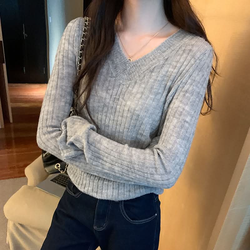 Fauler V-Ausschnitt Strickpullover Oberteil für Damen, schmal geschnittener Langarm-Unterziehpulli, vielseitiges Freizeit-Oberteil