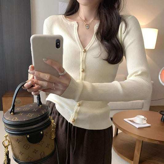 Inner Layer Knit Sweater, V-Neck Cropped Cardigan for Women