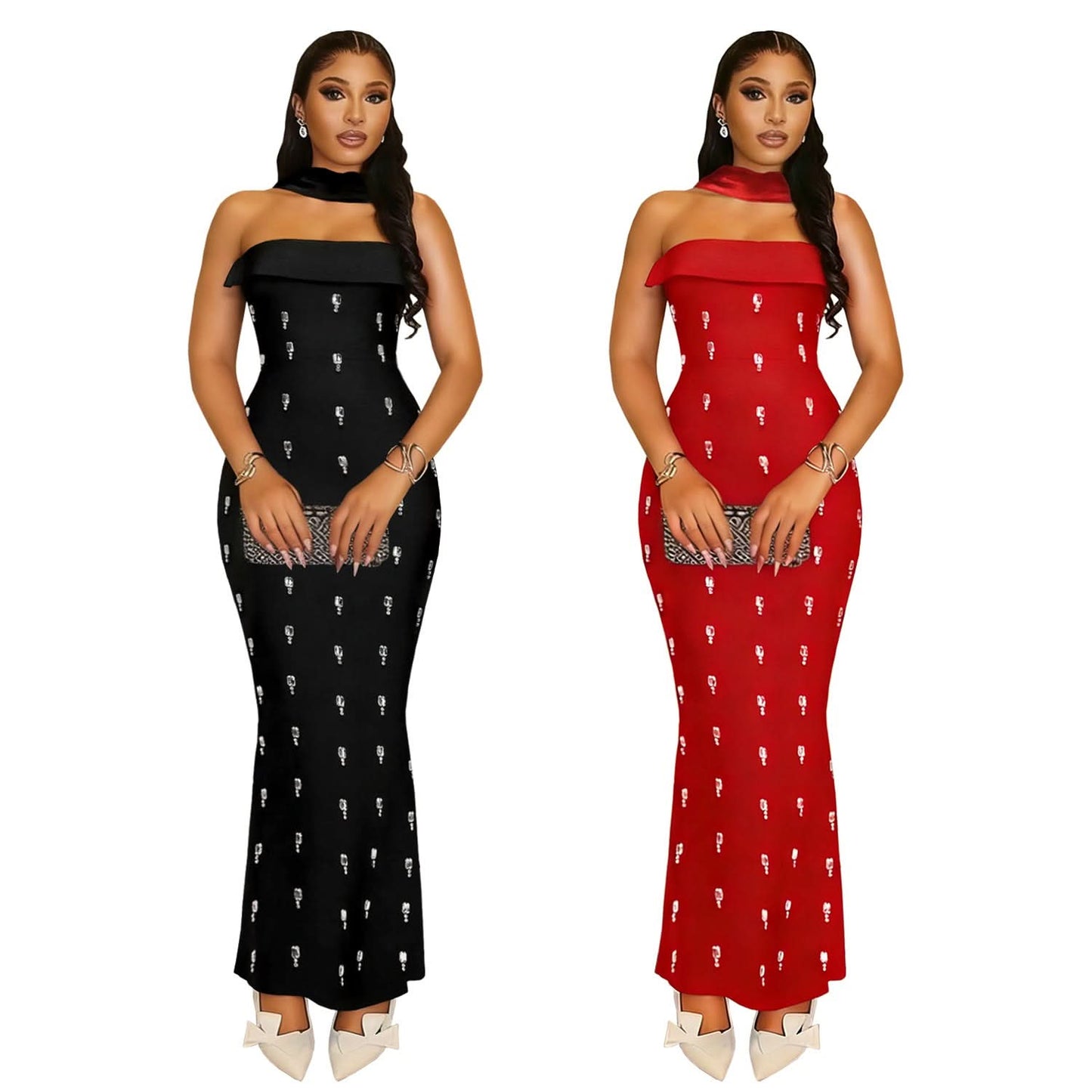 Elegantes trägerloses verziertes Bandkleid-Set für Damen, modisches zweiteiliges Outfit