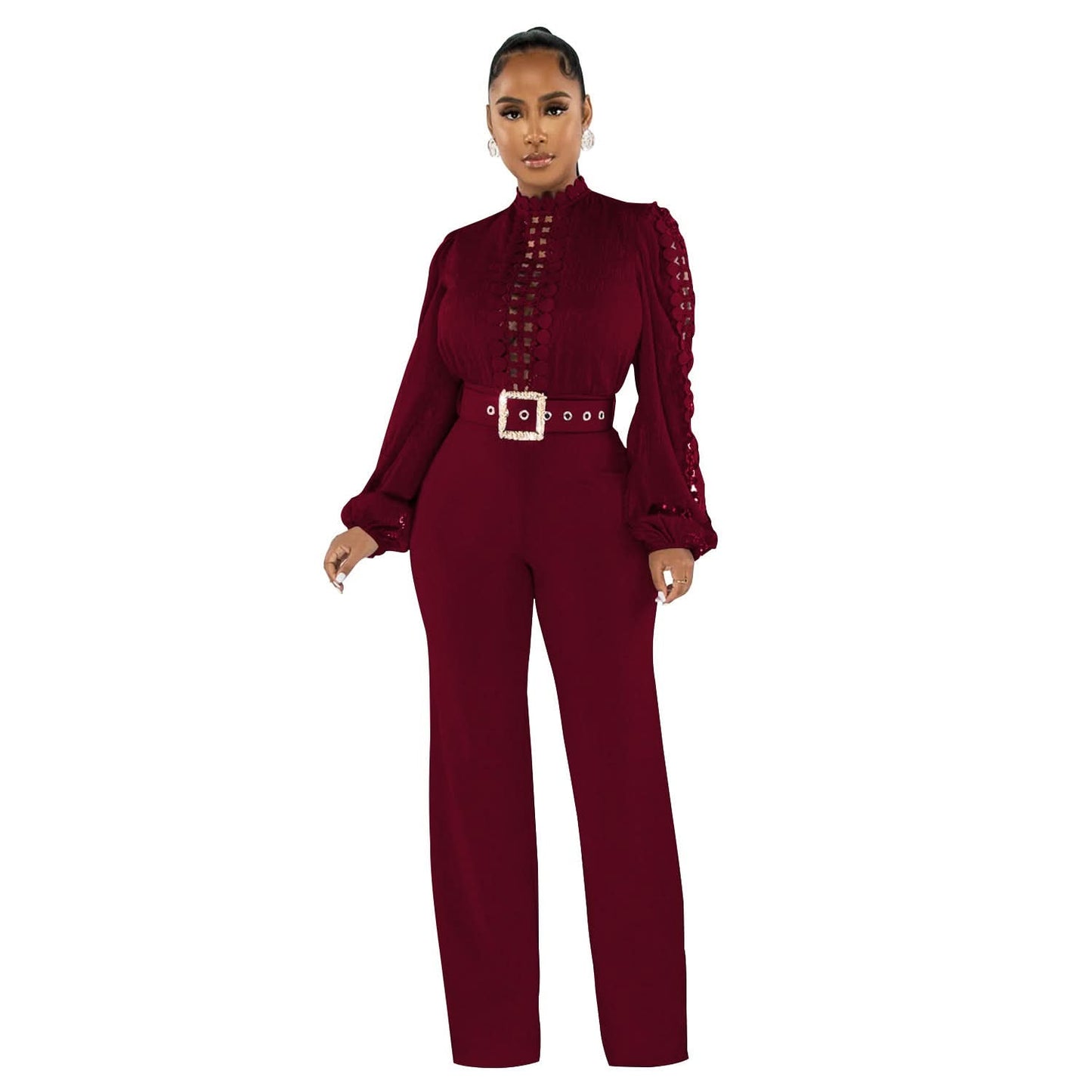 Solid Color Long Sleeve Belted Ruffle Cut-out Trousers Jumpsuit