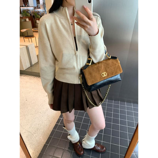 Chic Zippered Knit Cardigan Coat for Women, Long Sleeve, Stand Collar, Short Length