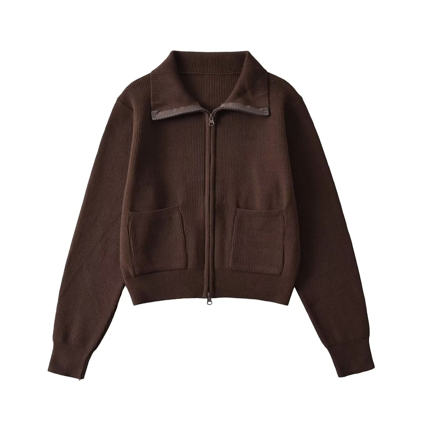 Zipper lapel long sleeved pocket top