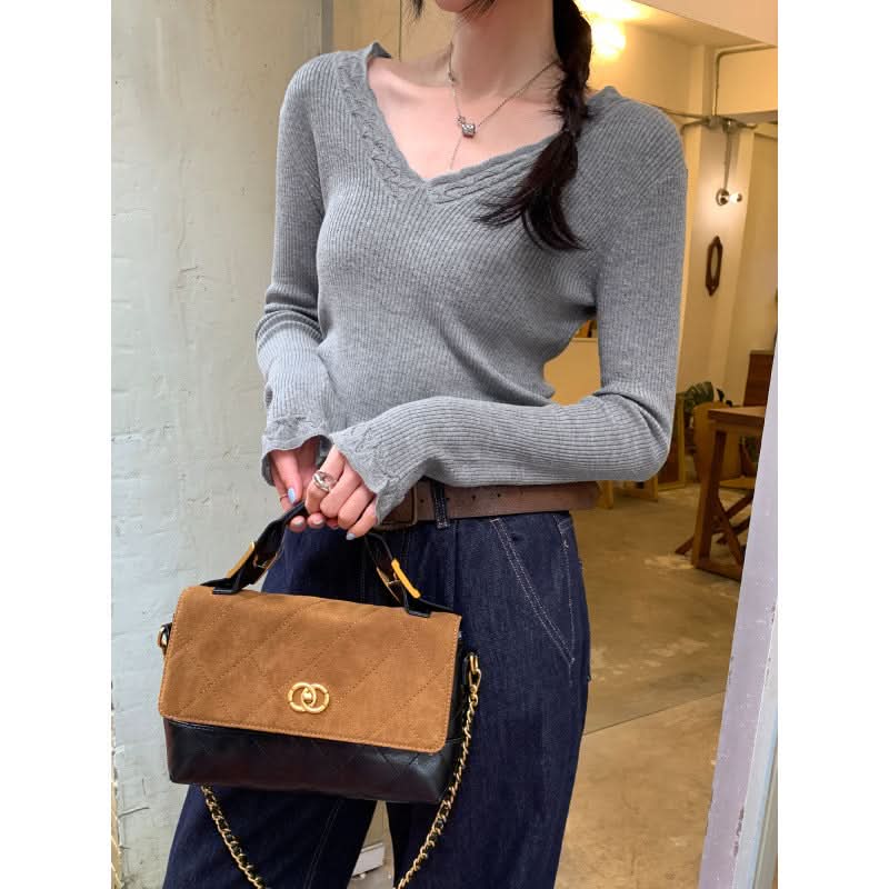 Eleganter violetter V-Ausschnitt-Strickpullover für Damen, schmal geschnitten, Langarm, Freizeitkleidung