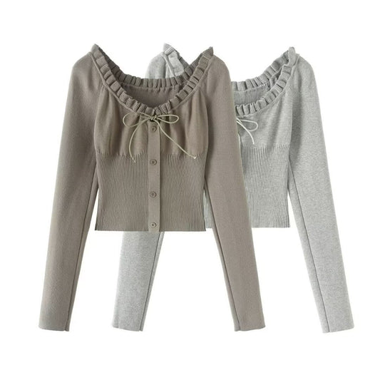 Drawstring strap button waist cinching long sleeved top