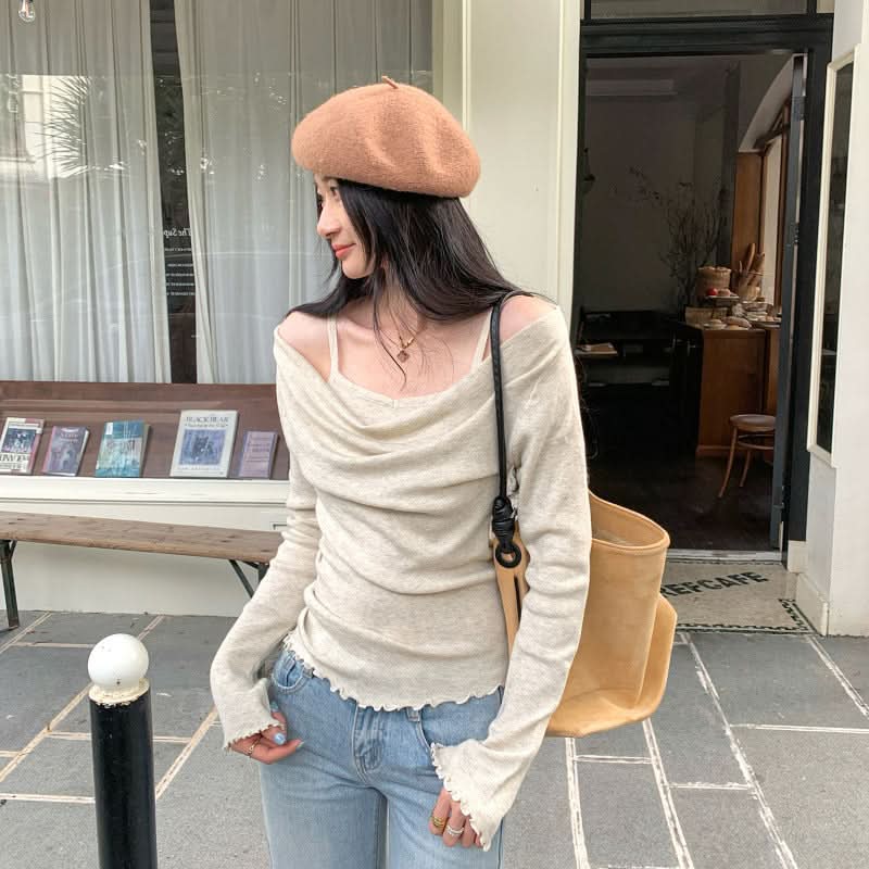 Pure and Gentle Style Pink Off-Shoulder False Two-Piece Knit Bodysuit for Women