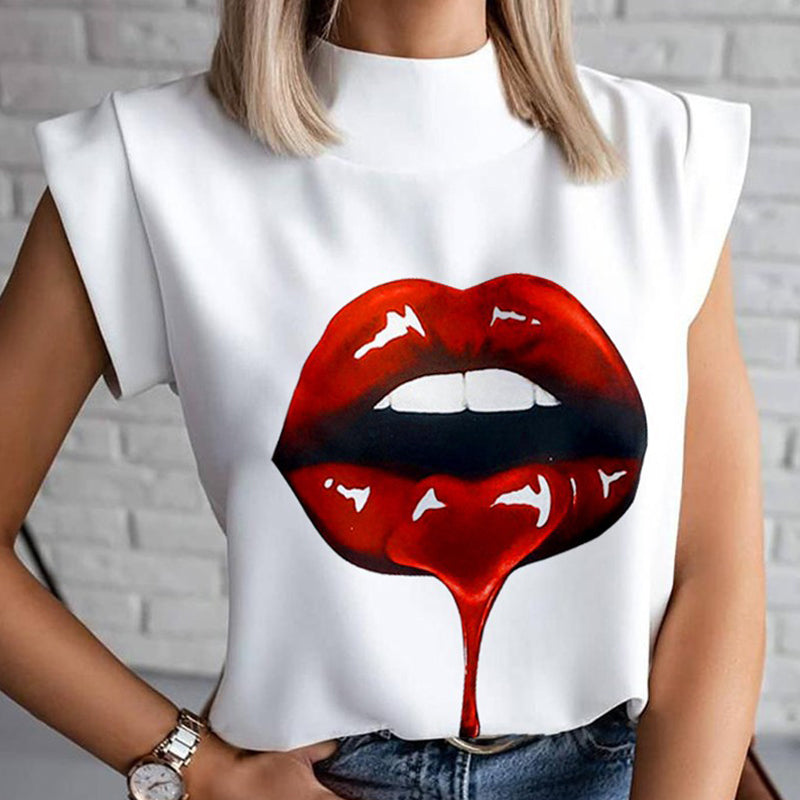 Women Elegant Lips Print Blouse Shirts Summer Casual Stand Neck Pullovers Tops Ladies Fashion Cute Eye Short Sleeve Blusa