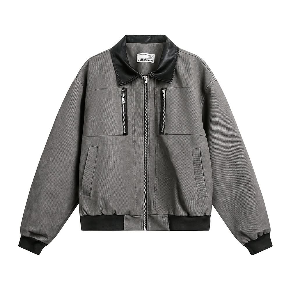 Splicing contrasting PU leather collar jacket