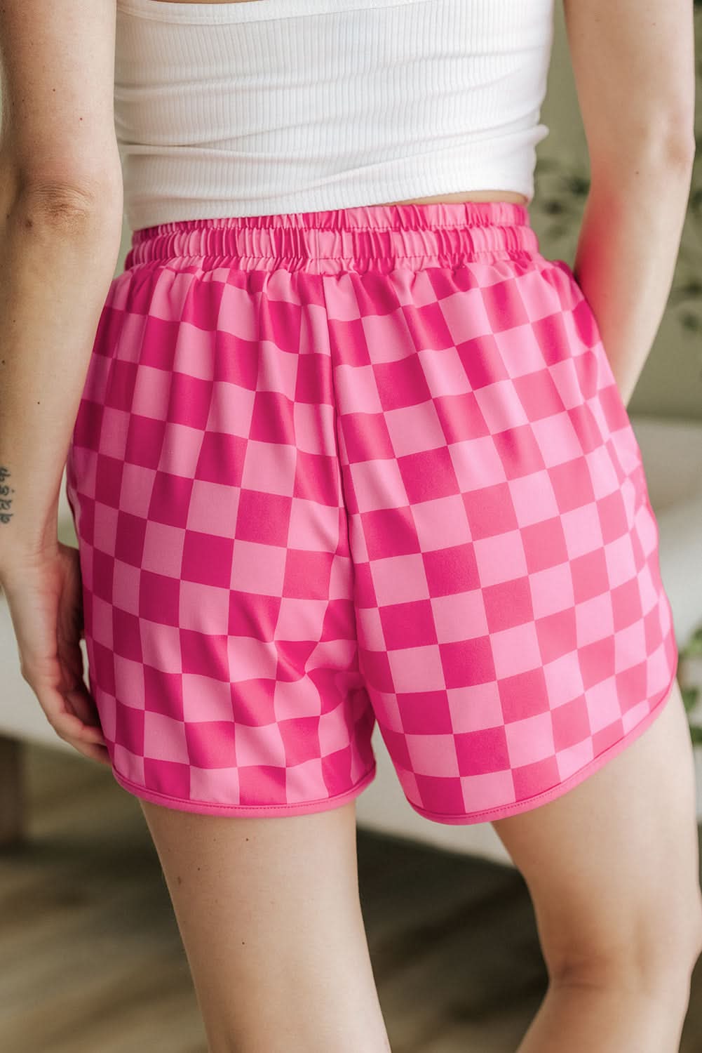 Rosa karierte lässige Shorts mit Gummizug und Kordelzug