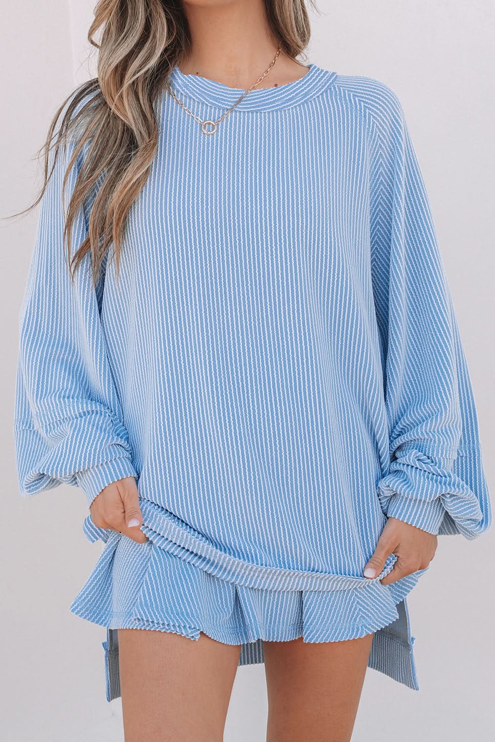 Sky Blue Corded Laternenärmel Top mit hoher Taille Rüschen Mini Skort Set