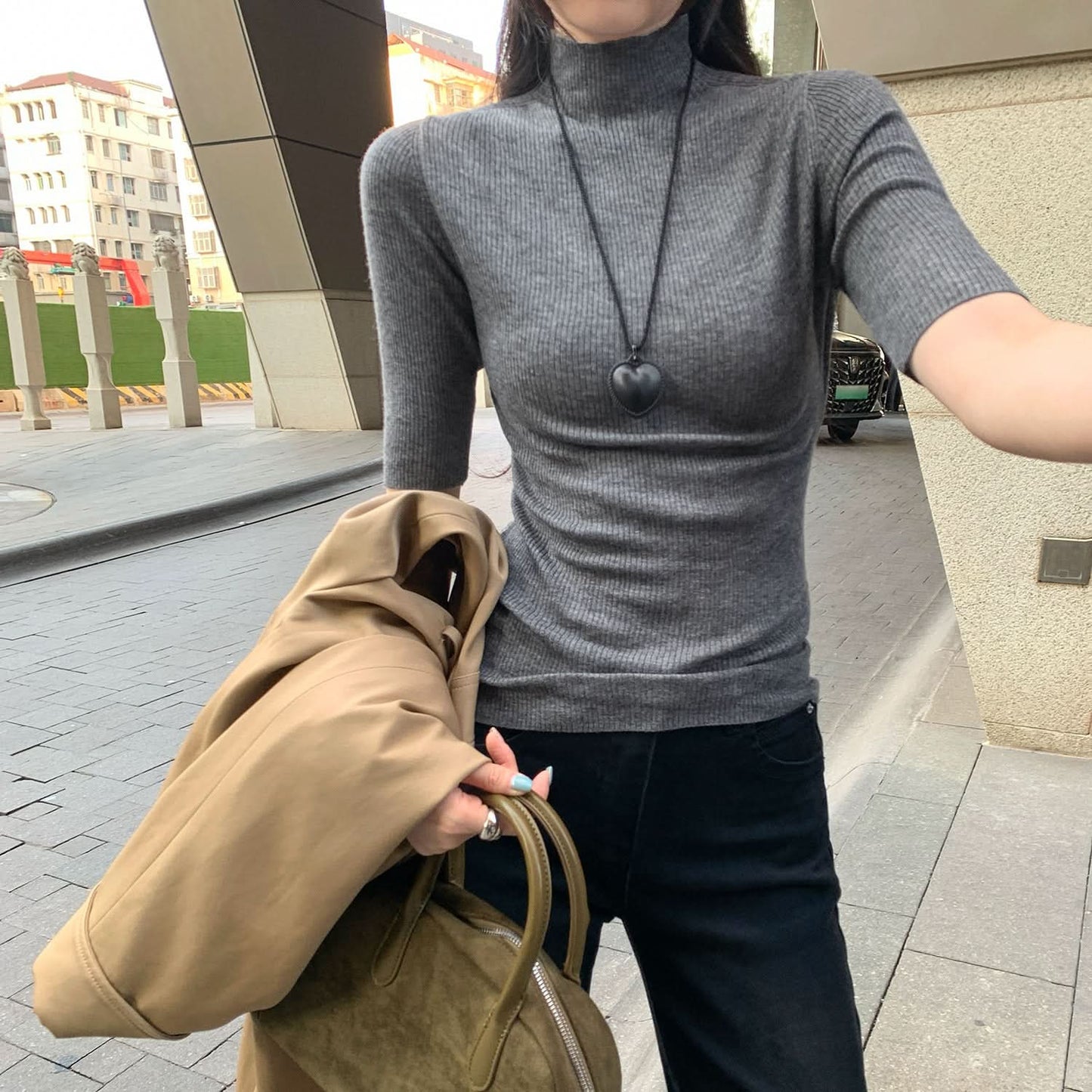 Damen Strickbody mit halbhohem Kragen und kurzen Ärmeln, Slim Fit, elegant, Woll-Top mit halblangen Ärmeln