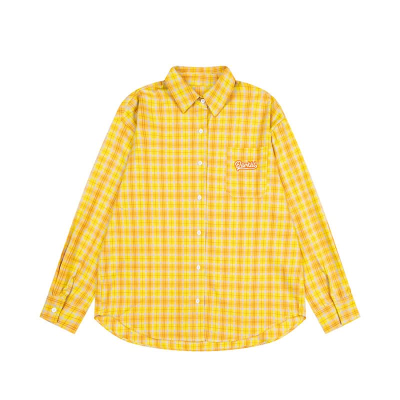 Embroidered Letter Plaid Shirt Loose Fit Shirt Couple Outfit