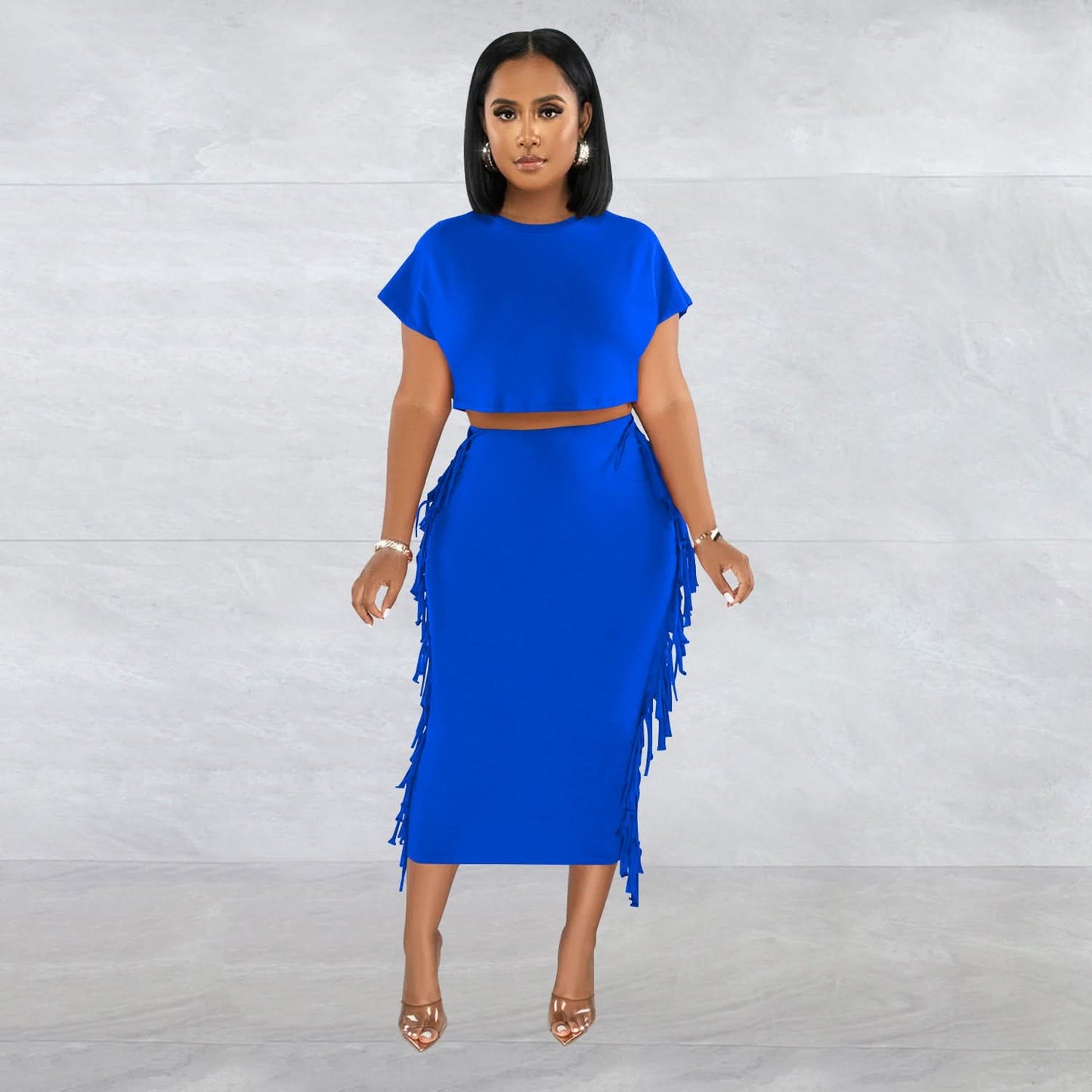 FashionableStyle Einfarbig Fransen Rundhals Kurzarm Langes Kleid Zweiteiliges Set