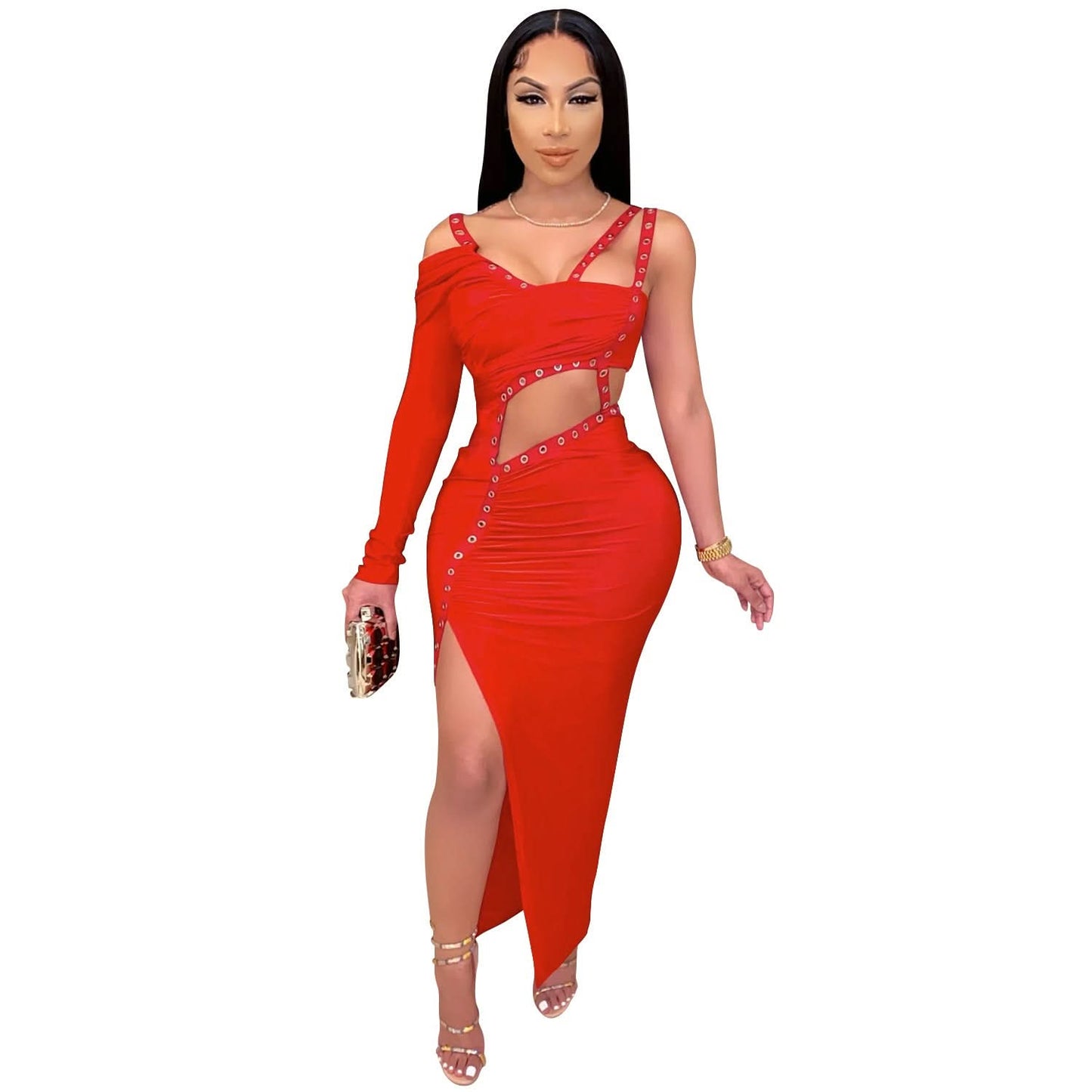 Sexy Damen Clubkleid mit unregelmäßigem Cut-Out Langarm-Abendkleid