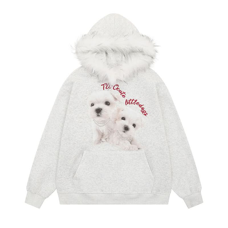 Niedlicher Hunde-Print Hoodie mit Fleecefutter Unisex Legeres lockeres Sweatshirt