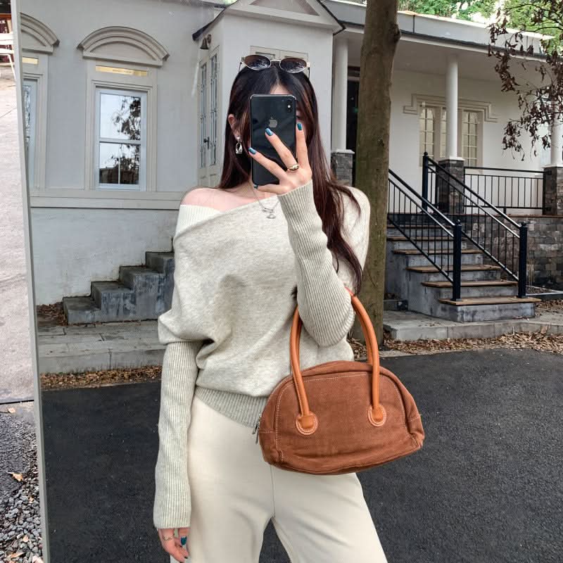 Farbig kontrastierendes Strickoberteil für Damen mit Schulterausschnitt und langen Ärmeln, trendiges, schmales Off-Shoulder-Oberteil